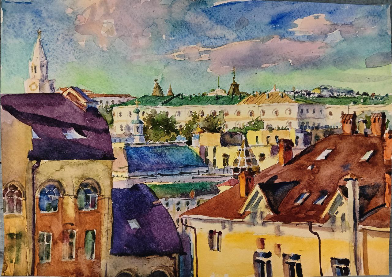 Картина «Казань, крыши,Вид с ул.Московской», 2016 г, худ. Флегонтов А.С, акварель,бумага, 21х30 см