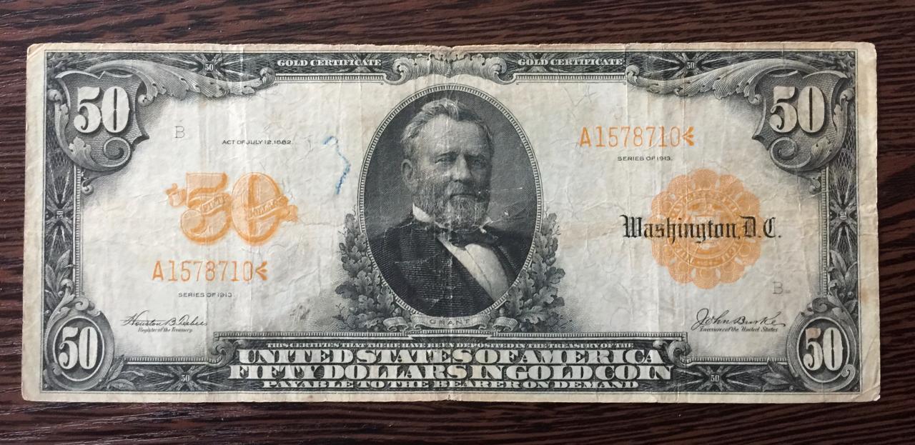 50 долларов США 1913 год, ЗОЛОТОЙ СЕРТИФИКАТ, редкая
