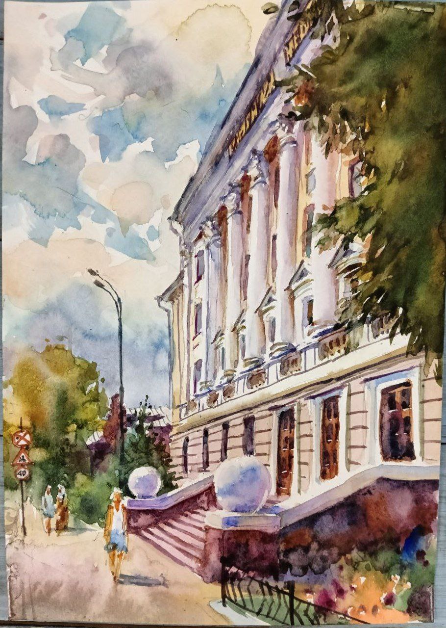 Картина «ул.Бутлерова. Казанский Медицинский Университет», 2015 г,худ.Флегонтов А.С,акварель,бумага,  21х30 см