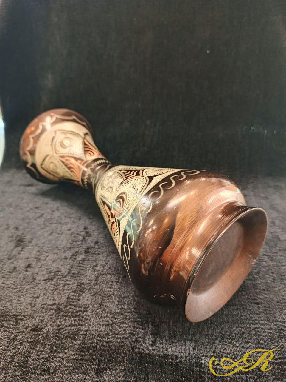   Винтажная медная ваза. Индия.Эмализтрование и гравировка. 24 x 10 см