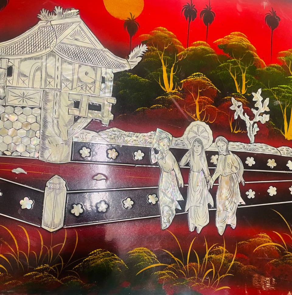 Деревянное панно,роспись, лак, перламутр, конец ХХ века