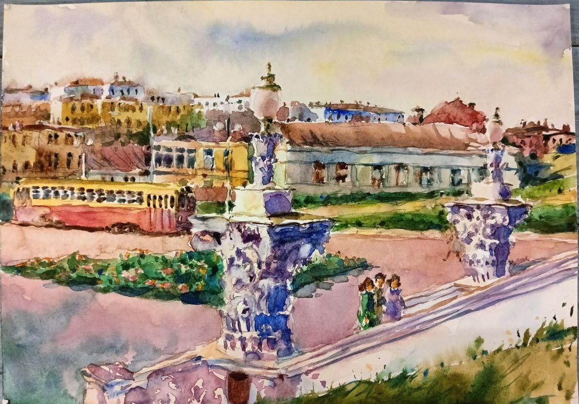 Картина «Казань 1950-х. ул.Бутлерова.Лесница Казанского Финансового Института», 2019 г,худ. Флегонтов А.С,акварель,бумага, 21х30 см