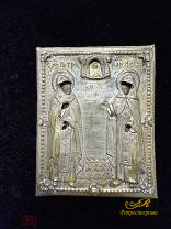 Икона "Петр и Феврония Муромские". Дерево, темпора. Медь, посеребрение. XIX в.