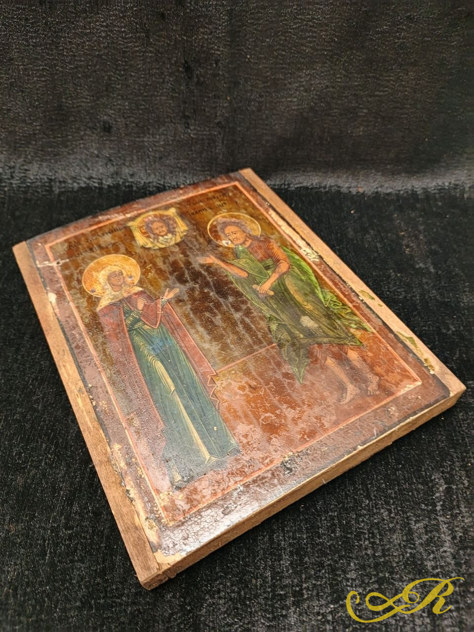 Старинная русская деревянная икона. XIX в. Изображение святых. Святая мученица Наталия. Святой пророк Иоанн Предтеча.Спас Нерукотворный. Дерево,левкас,золото, масло.22x18 см.