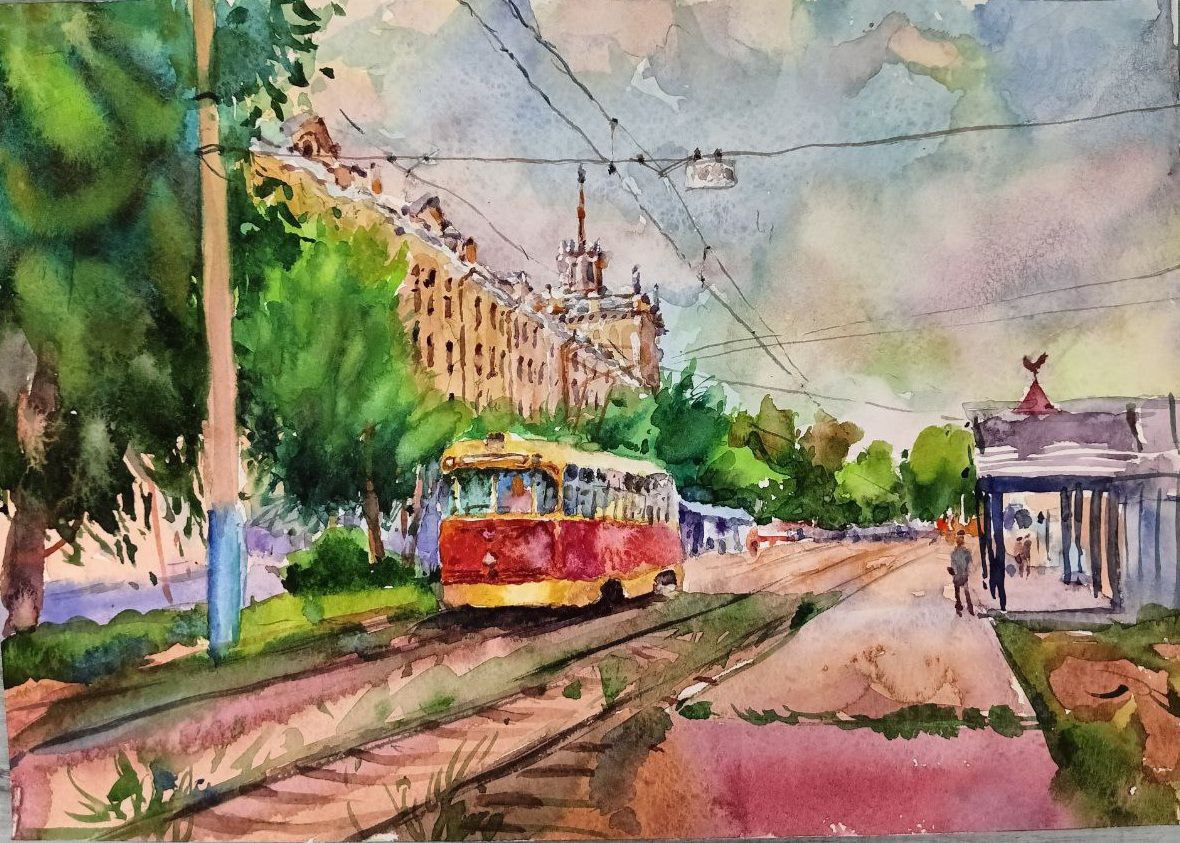 Картина «Соцгород.1980 годы (по фото)»,2017 г,худ. Флегонтов А.С,акварель,бумага,  21х30 см