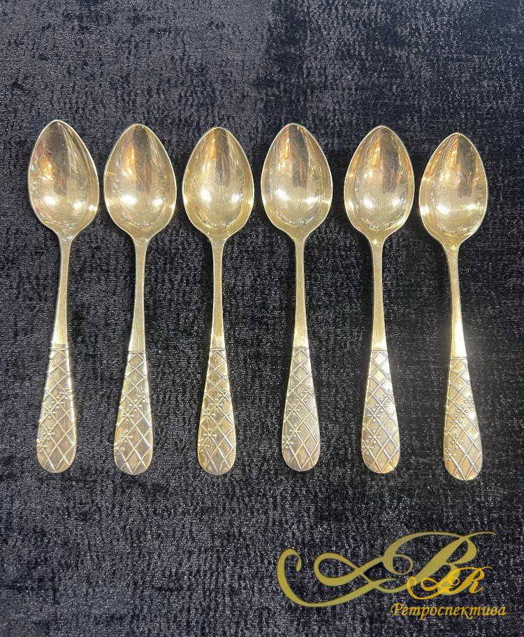Серебряные ложки чайные 6 шт., позолота  875 пр. 153 гр.