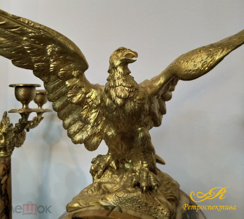 Каминный сет: 2 канделябра и часы с орлом, Европа 1-ая пол. ХХ в.