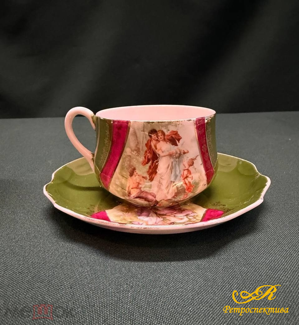 Фарфоровая кофейная пара " Товарищество М.С.Кузнецова," Москва. Деколь, позолота.