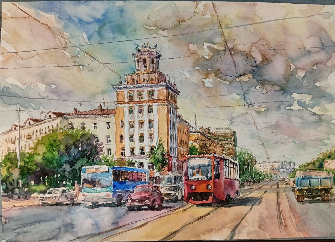 Картина «Казань 1990-х. ул.Н.Ершова, ост.Абжалилова», 2022 г,худ. Флегонтов А.С, бумага,акварель, 21х30 см