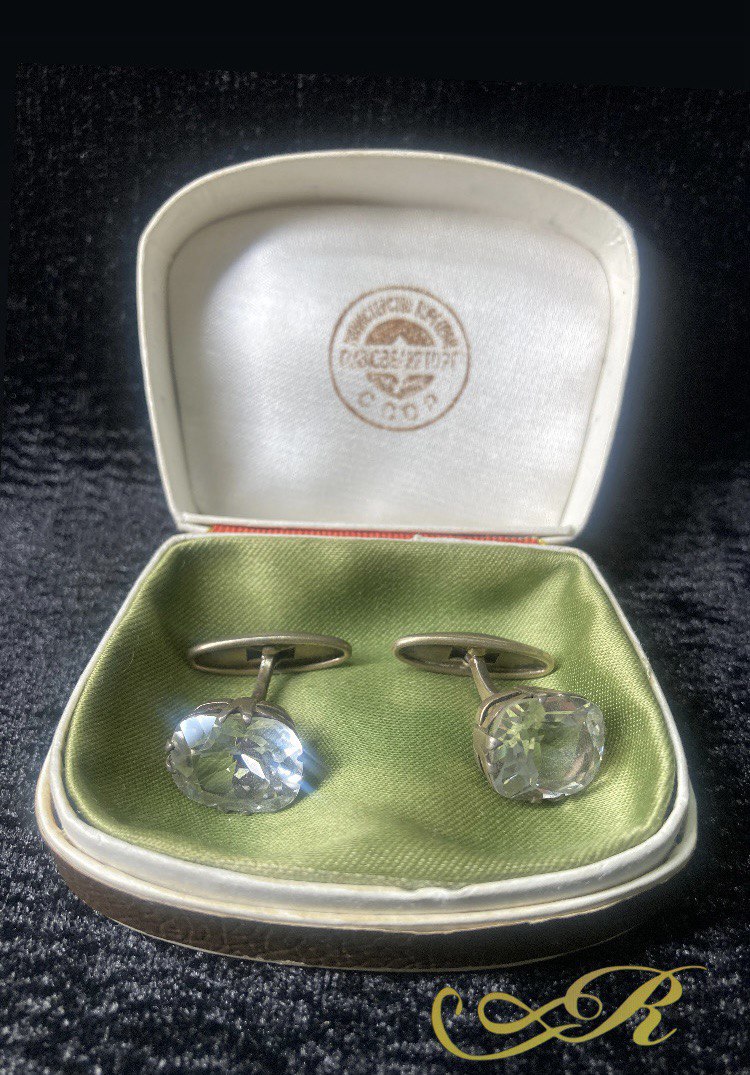 Серебряные запонки СССР. Серебро ,позолота,  горный хрусталь.