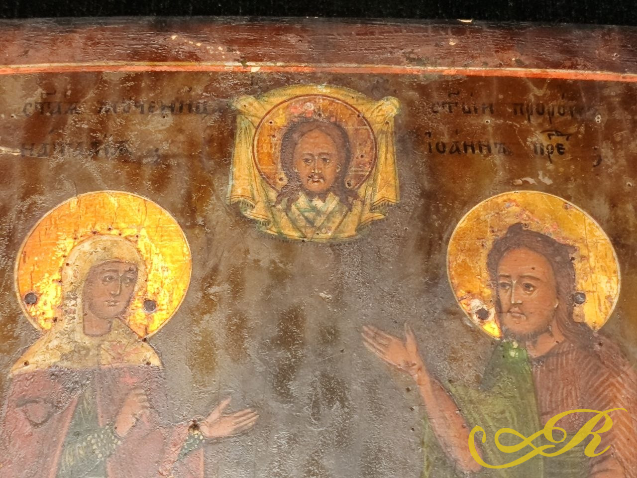 Старинная русская деревянная икона. XIX в. Изображение святых. Святая мученица Наталия. Святой пророк Иоанн Предтеча.Спас Нерукотворный. Дерево,левкас,золото, масло.22x18 см.