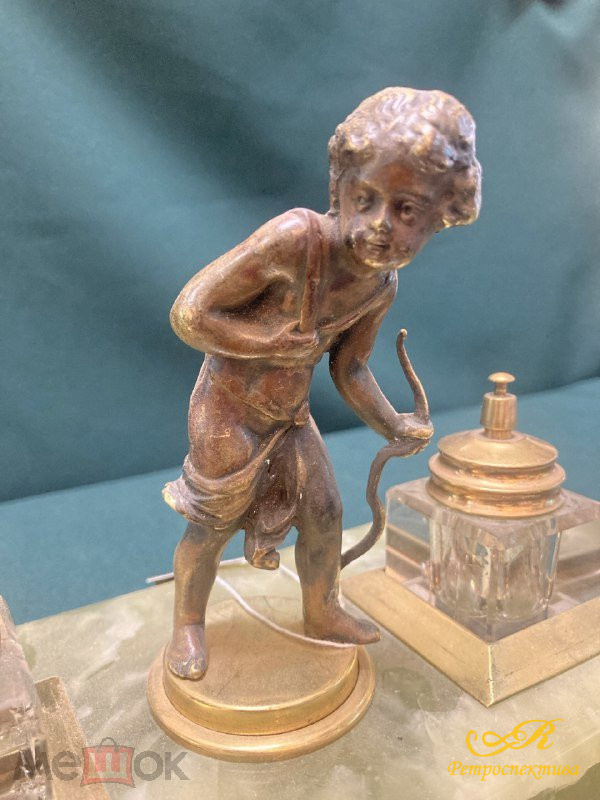 Письменный набор : чернильница и 2 подсвечника.  Бронза,оникс,стекло. Высота 14 см