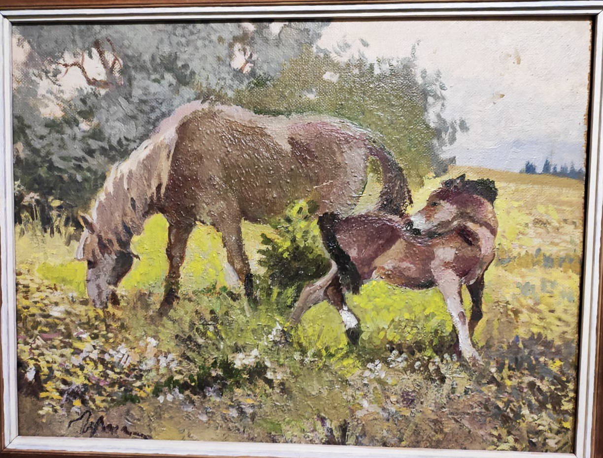 "Кони" Григорьев П.Н. Картон, масло. 45 х 59 см.