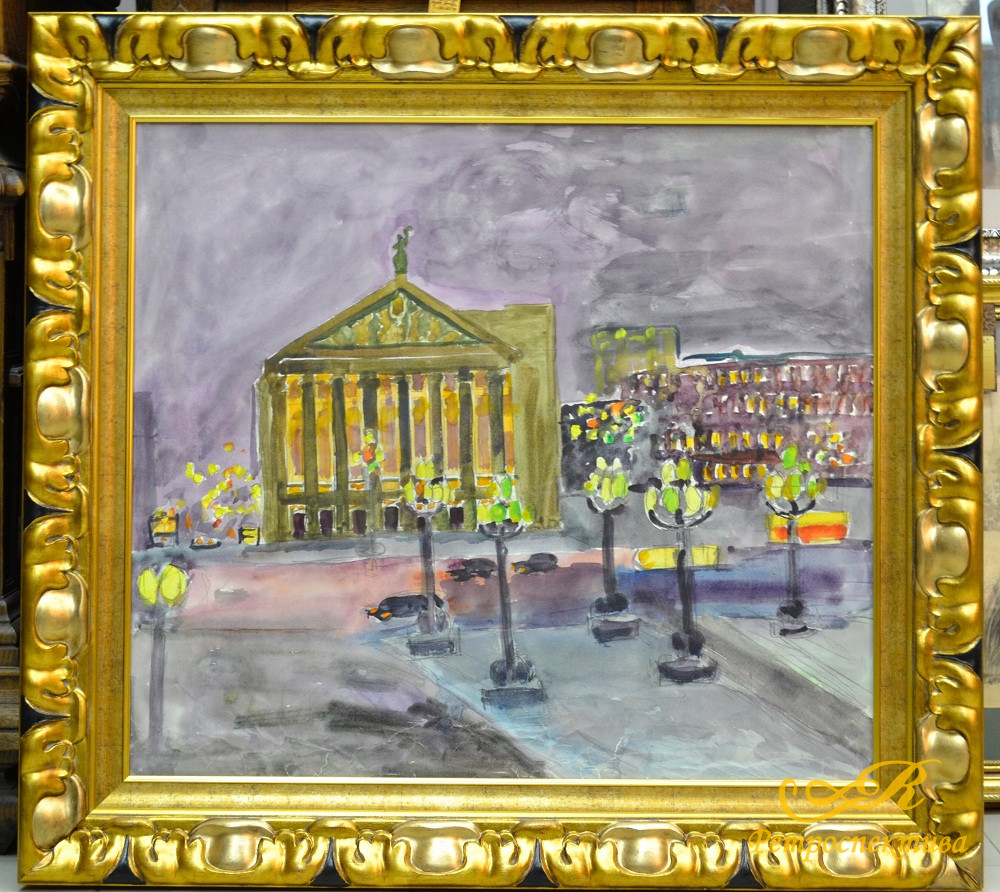 Картина "Оперный Театр и площадь вечером" СССР 1981г. Художник: Рахманкулова Г.А