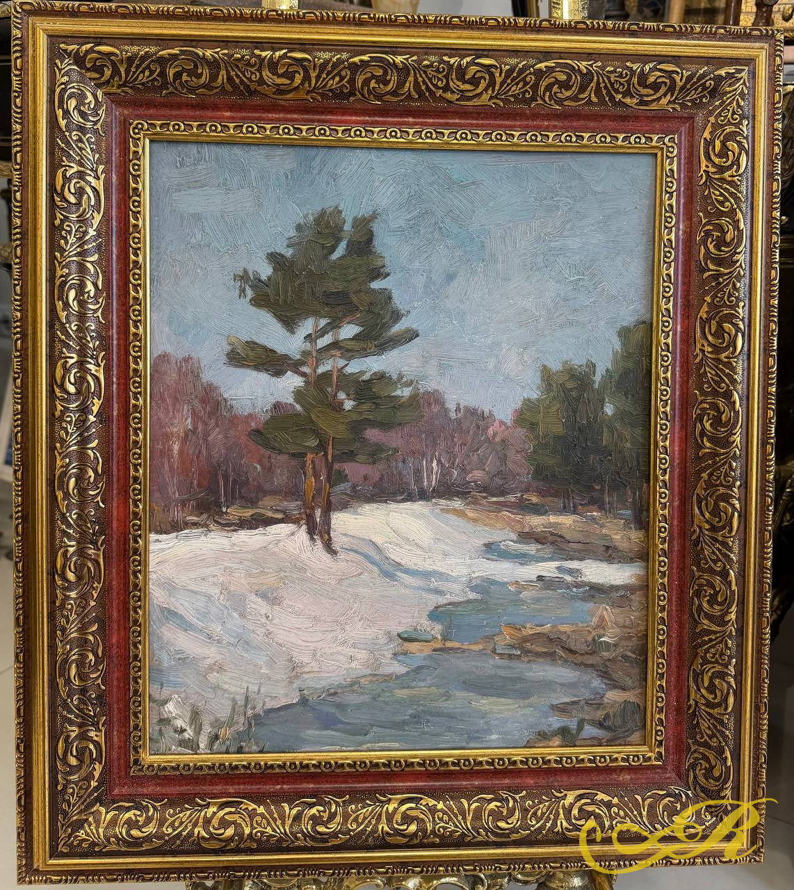 «Весенний пейзаж». 1954 год, Сергей Фёдорович Шишко (1911–1997) картон, масло. Размер без багета: 40 × 33 см.