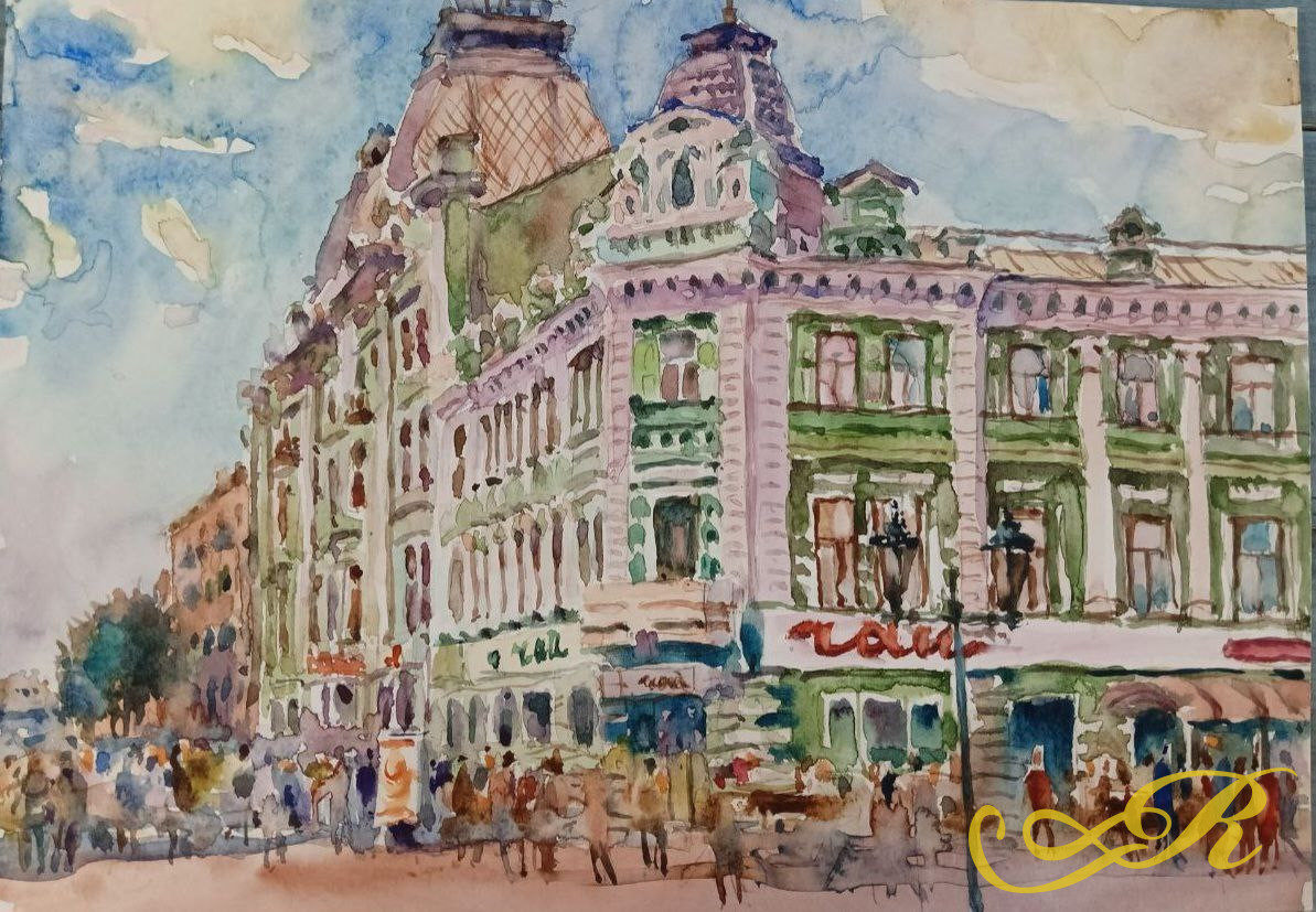 Картина «Казань 1990-х.ул. Университетская/ Баумана»,2019 г, худ.Флегонтов А.С,акварель,бумага,  21х30 см