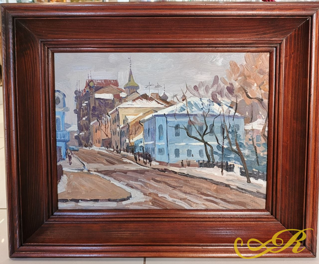  Картина «Зимний день» (1991)  дом Кекина . Г.Казань. Картон,масло Автор: Зиганшин Р. Г. — Казанский мастер академического пейзажа и жанровой живописи. Размер 30*40 см. 