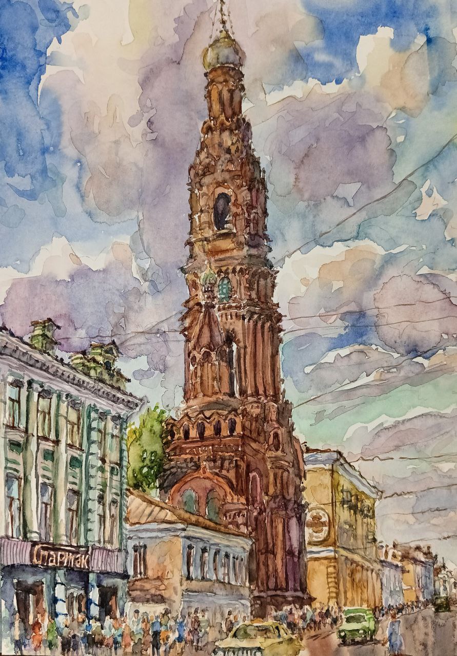 Картина «Казань 1980-х. ул.Баумана. Храм Богоявления», 2024 г, худ.Флегонтов А.С,акварель,бумага, 21х30 см