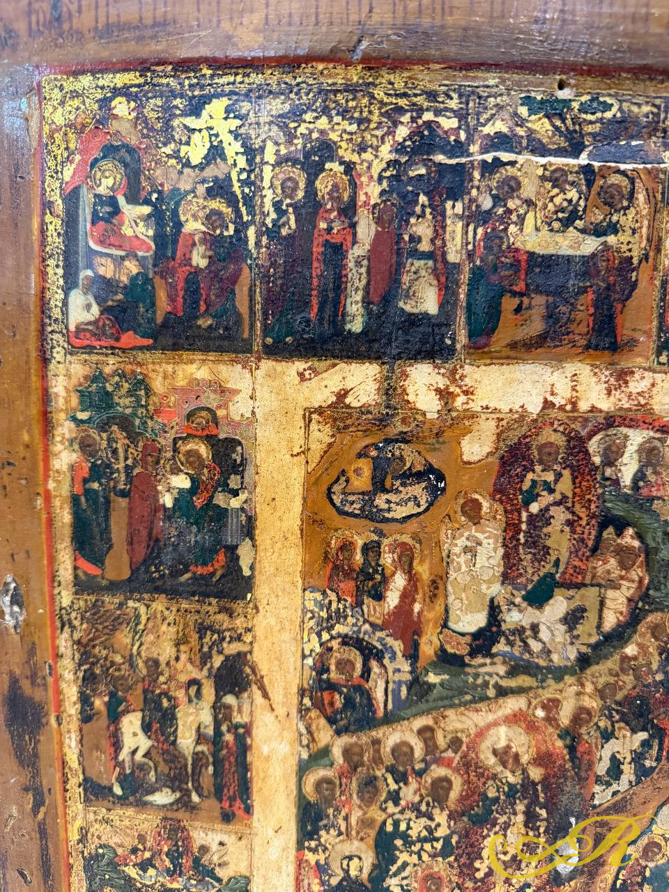 Икона «Воскресение Христово — Сошествие во ад, с праздниками и евангельскими сценами»  начало XIX века. Дерево, левкас, золочение, темпера.