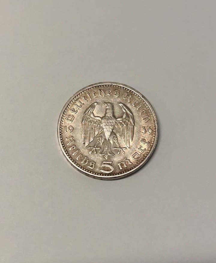 Монета 5 марок 1936 г, Германия, серебро