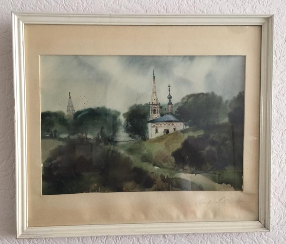 Картина-акварель "Пейзаж с Церковью", СССР