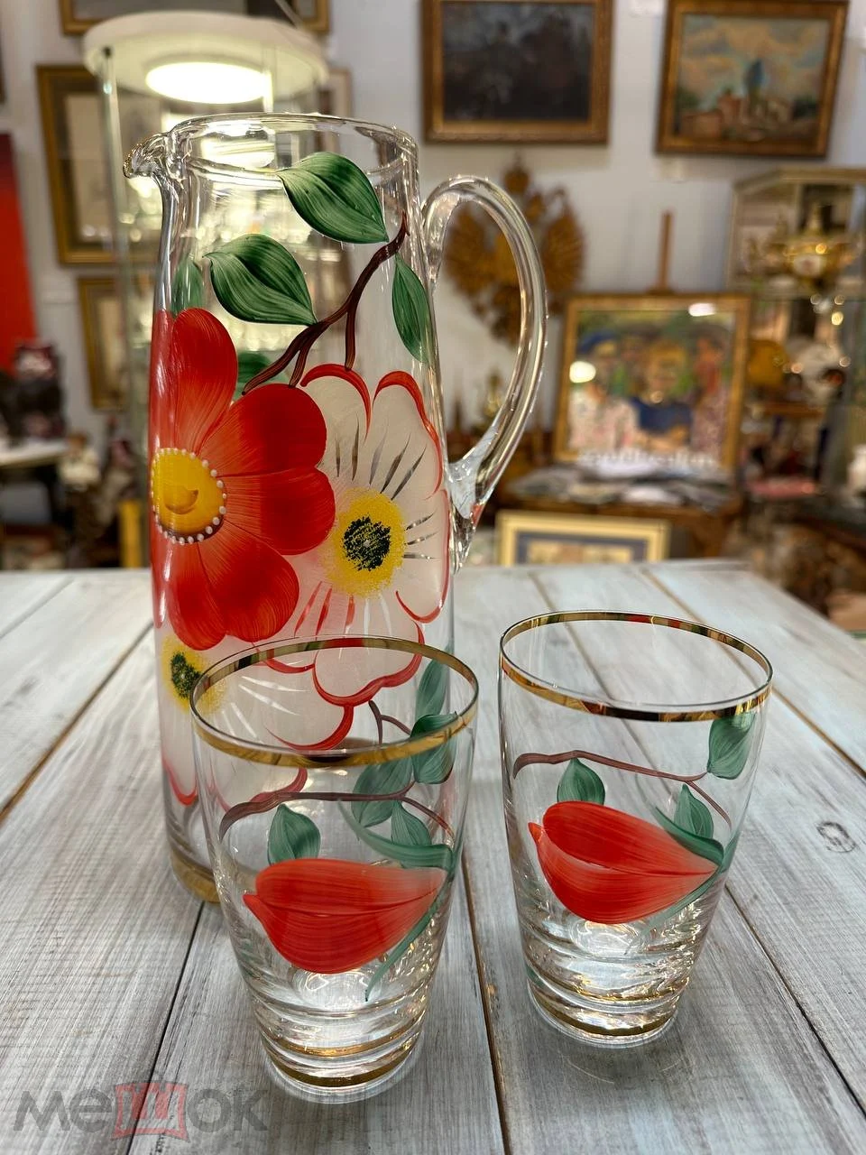 Графин СССР, 2 бокала, стекло, золочение, живопись
