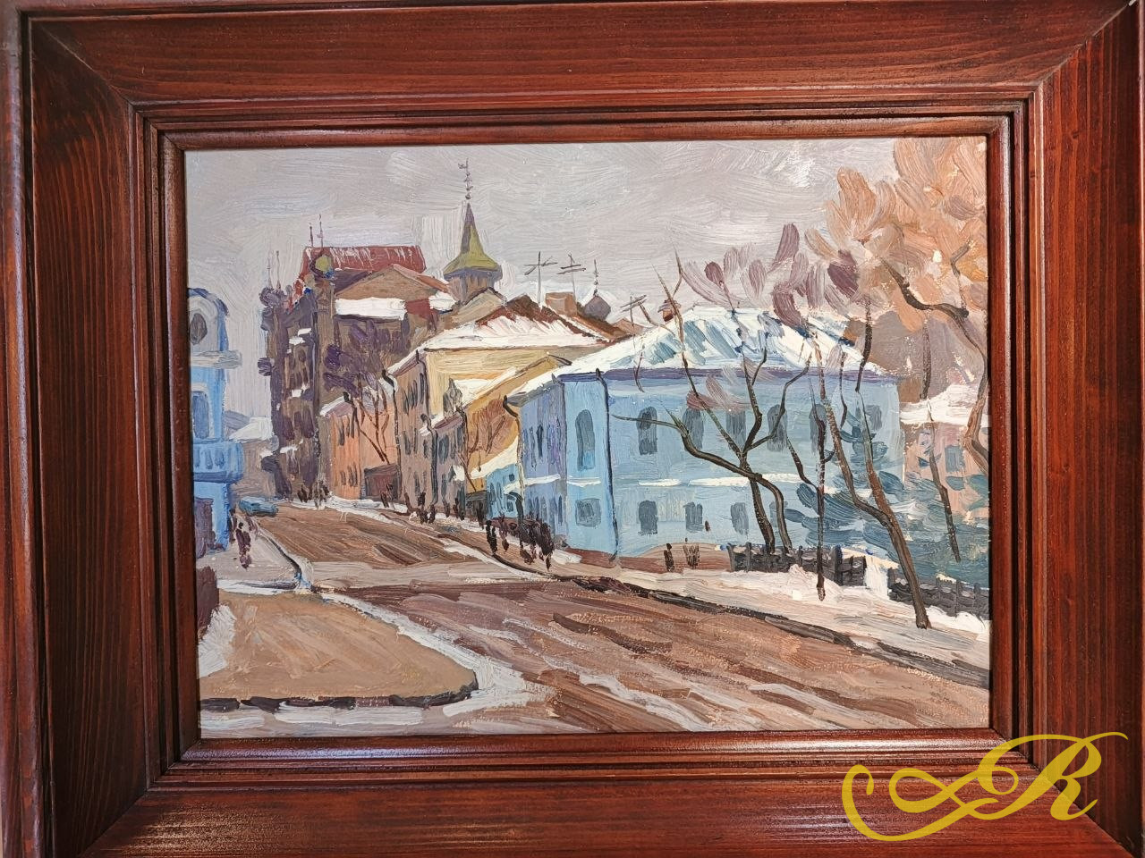  Картина «Зимний день» (1991)  дом Кекина . Г.Казань. Картон,масло Автор: Зиганшин Р. Г. — Казанский мастер академического пейзажа и жанровой живописи. Размер 30*40 см. 