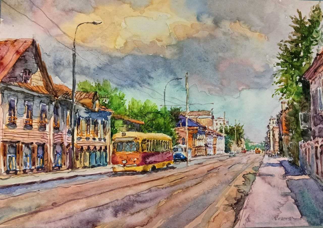 Картина «Казань 1970-х. ул.Островского. Ост. Айдинова», 2021 г, худ.Флегонтов А.С, бумага, акварель, 21х30 см