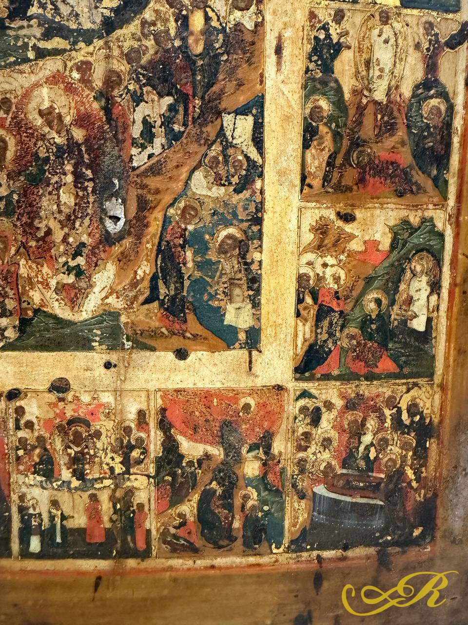 Икона «Воскресение Христово — Сошествие во ад, с праздниками и евангельскими сценами»  начало XIX века. Дерево, левкас, золочение, темпера.