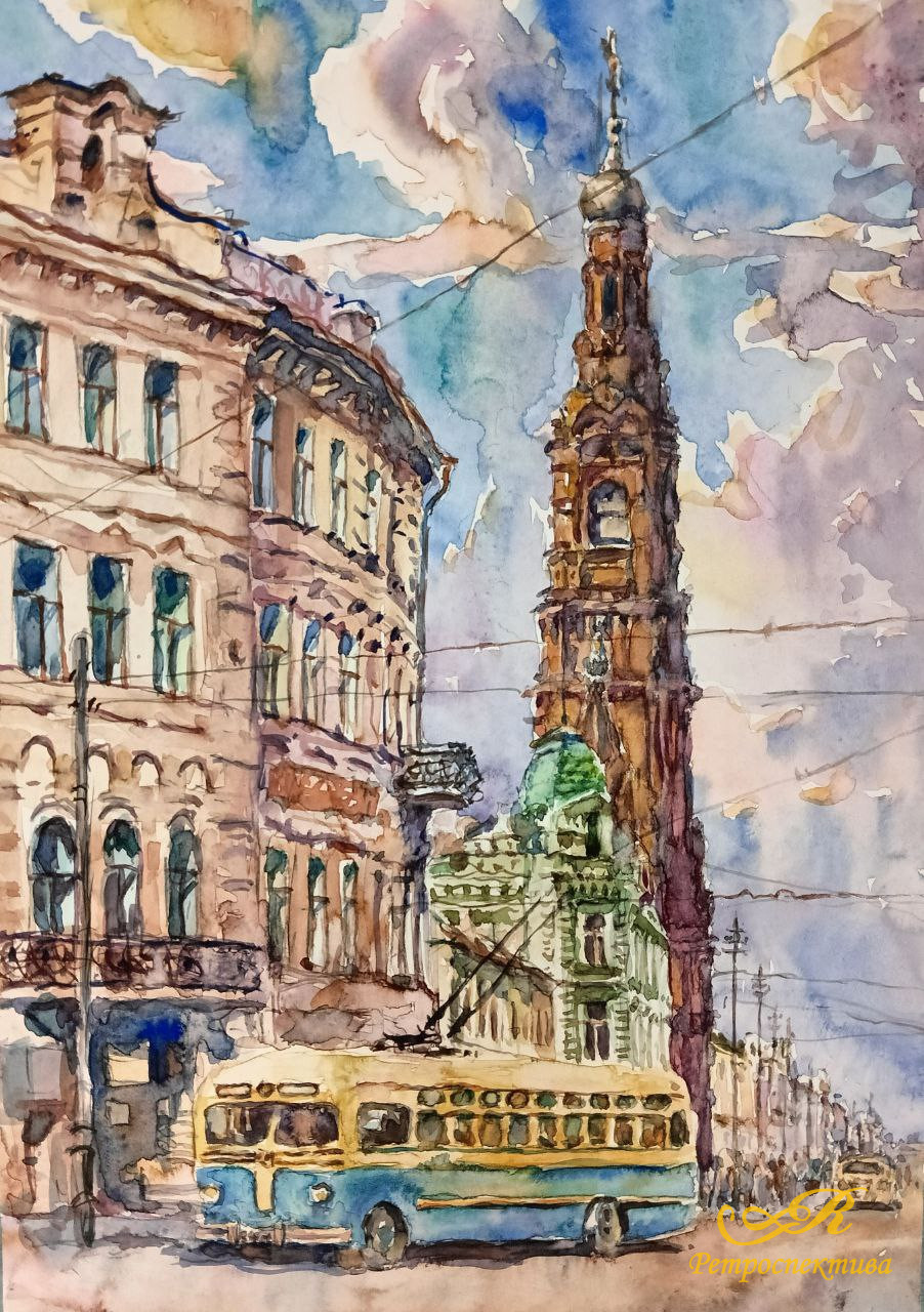Картина «Казань 1960-х.Кольцо/ул.Баумана», 2024 г,худ. Флегонтов А.С, акварель,бумага, 21х30 см