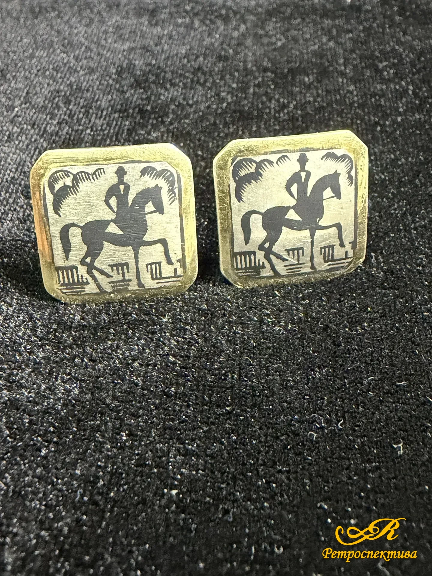 Серебряные запонки 875 пр. 11,63 гр. " Жокей." Серебро, золочение, русская чернь. СССР 50 -60 г.г.