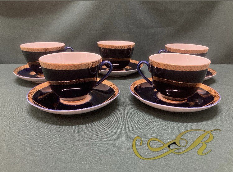 Фарфоровые пять чайных пар.  Кобальт. ЛФЗ.