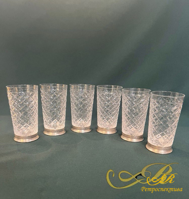 Хрустальные стаканы Вуалька на серебряной ножке Серебро 875 пробы,ранние Советы 50-е года