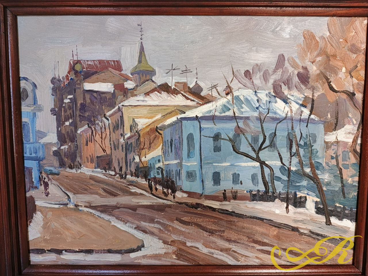  Картина «Зимний день» (1991)  дом Кекина . Г.Казань. Картон,масло Автор: Зиганшин Р. Г. — Казанский мастер академического пейзажа и жанровой живописи. Размер 30*40 см. 
