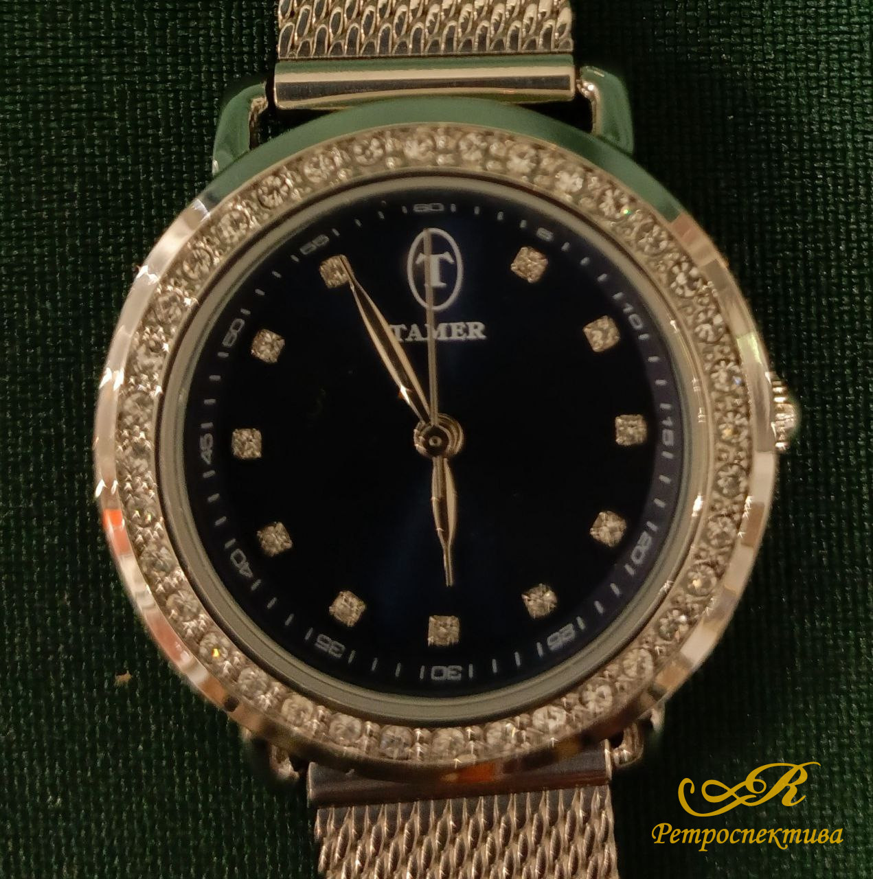 Часы с ремешком TAMER. Японский кварц, минеральное стекло, корпус биж. Сплав. (чёрный циферблат)