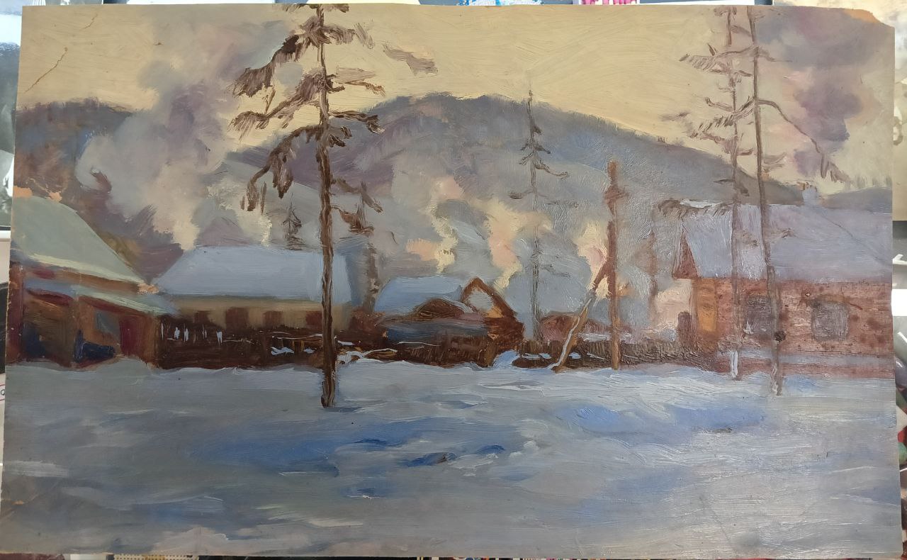 Картина «Северный пейзаж», худ. Родионов А.М, картон масло, 1950-е годы, 23х37 см