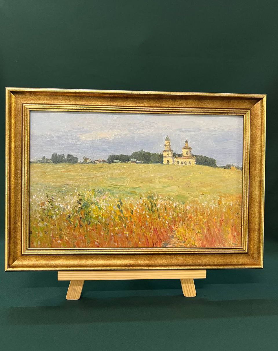 «Деревенский пейзаж» Родионов В. А. Картон, масло 1981г, 25х39см