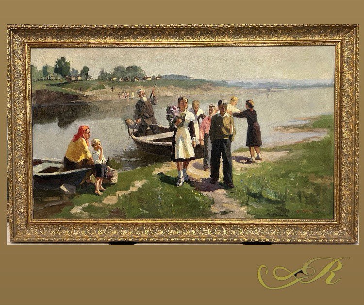 Картина " Деревенская переправа. Последний звонок" 1955 г. худ.  Кузовков.
