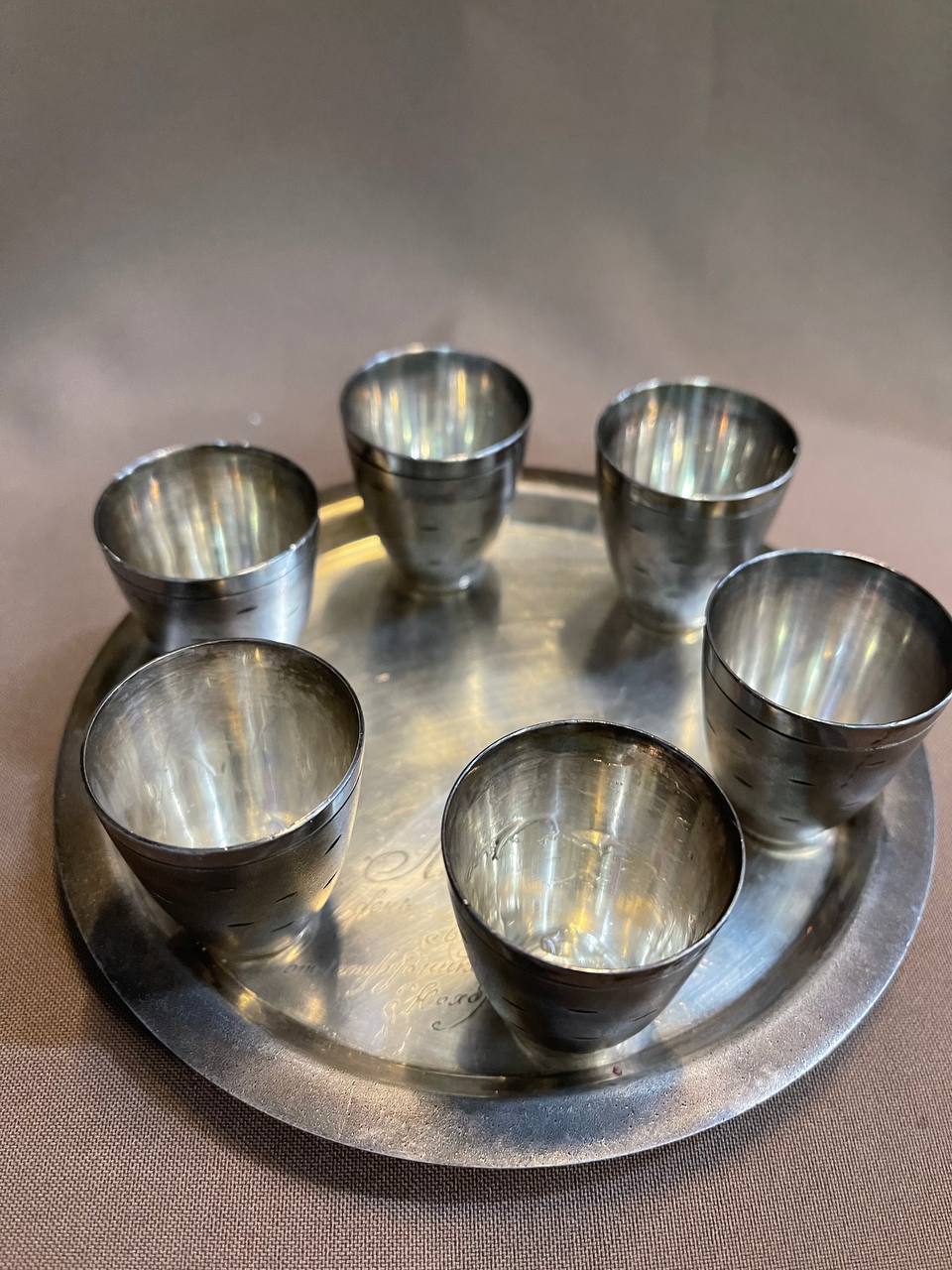 Набор рюмок с тарелкой, мельхиор