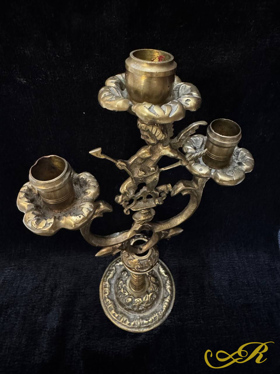  Подсвечник Старинный подсвечник канделябр на 3 свечи из бронзы Амур Купидон Ангел хранитель