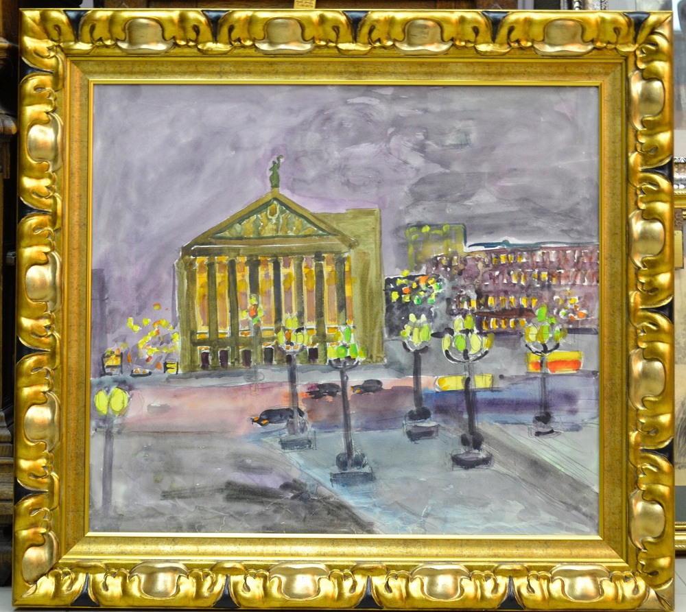 Картина "Оперный Театр и площадь вечером" СССР 1981г. Художник: Рахманкулова Г.А
