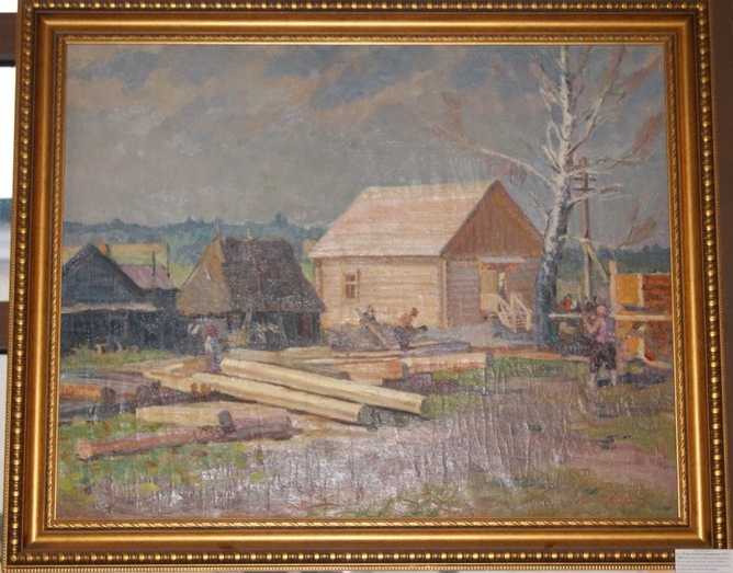 Картина «Деревенская стройка», художник Чеков Л.Д., 1955 г.