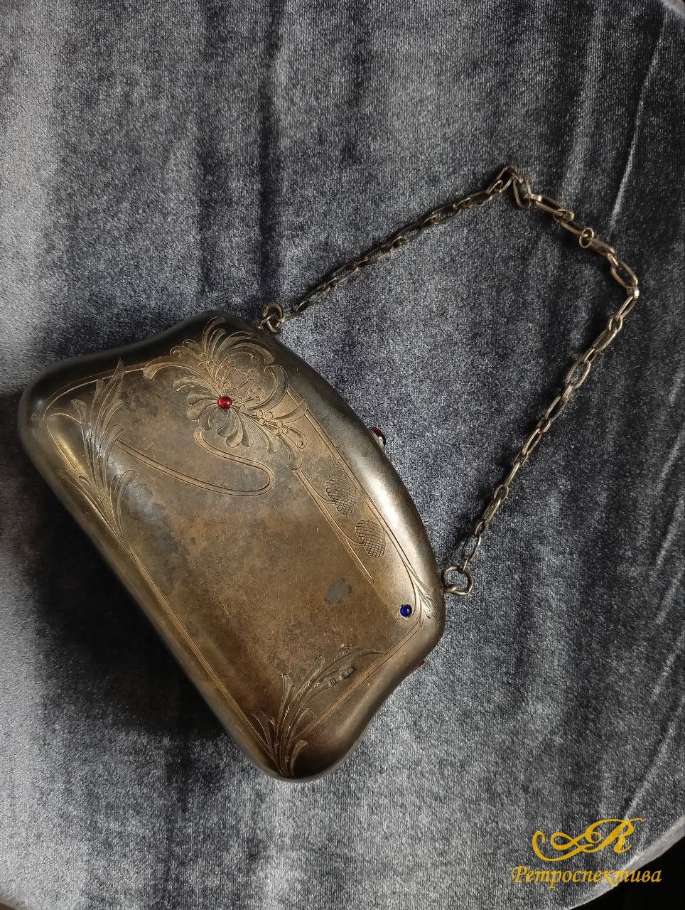 Сумочка, ридикюль - серебро 84 проба 234 гр, рубин, сапфир, кабошон, Москва, кон. XIX - нач. XX в