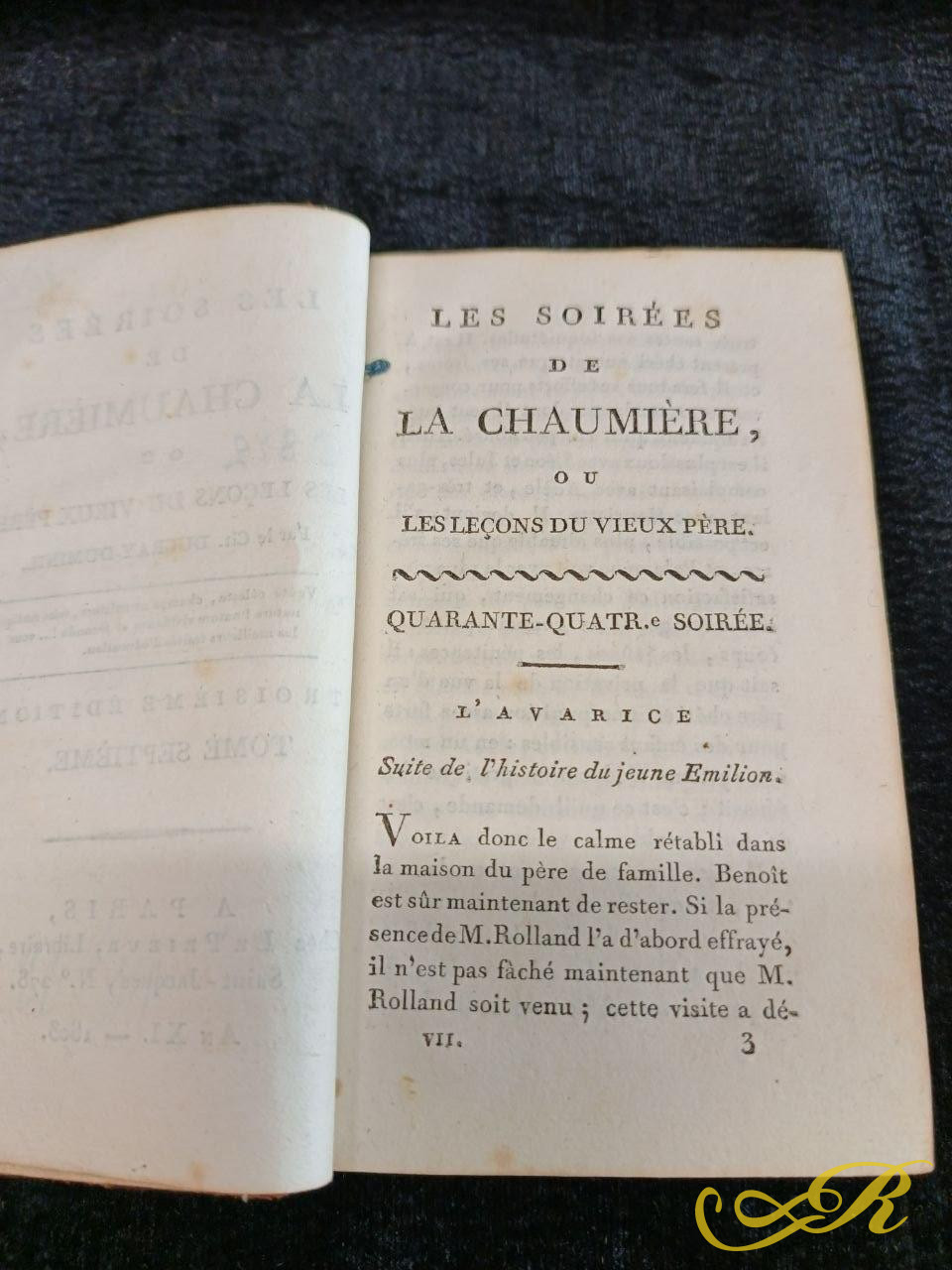  Антикварная книга «Les Soirées de la Chaumière, ou les leçons du vieux père» Франсуа-Гийома Дюкре-Дюминиля.