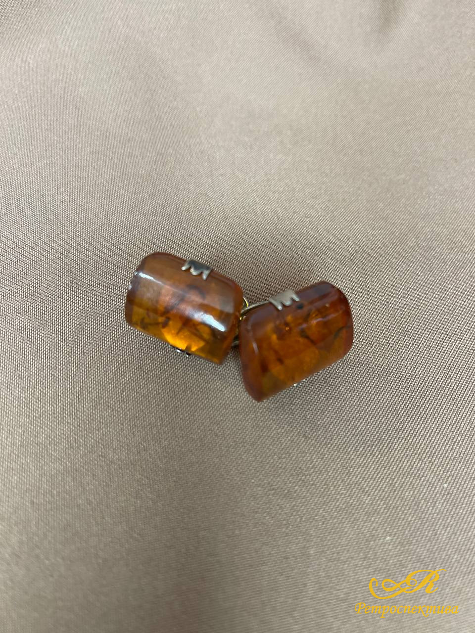 Винтажные запонки, серебро 875 пр,янтарь