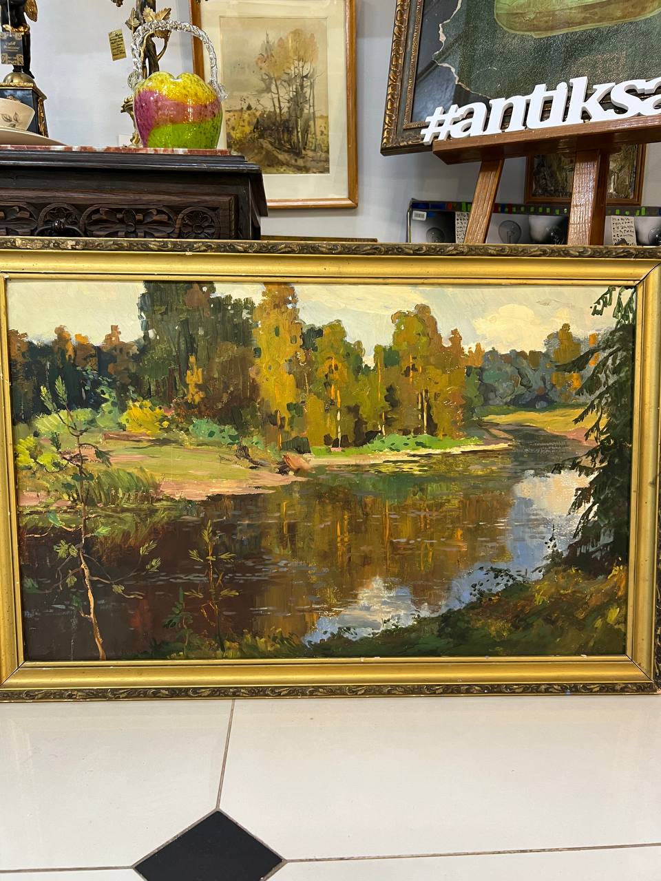 Картина " Вечер на реке", картон, масло, 79 х49 см.