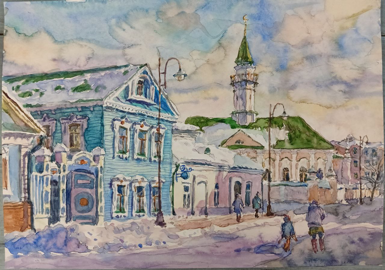 Картина « ул.Каюма Насыри. Мечеть Марджани», 2024 г,худ. Флегонтов А.С, бумага,акварель, 21х30 см