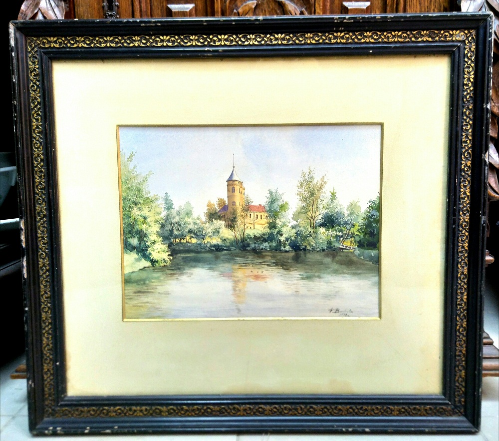 Картина - акварель "Пейзаж с замком", художник Волковъ Ф., Российская Империя 1899 г.