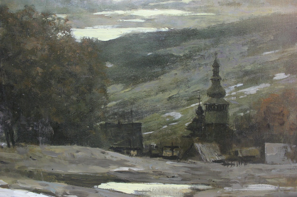 Картина "Церковь на закате", художник Попов В.А., СССР, ХХ в.