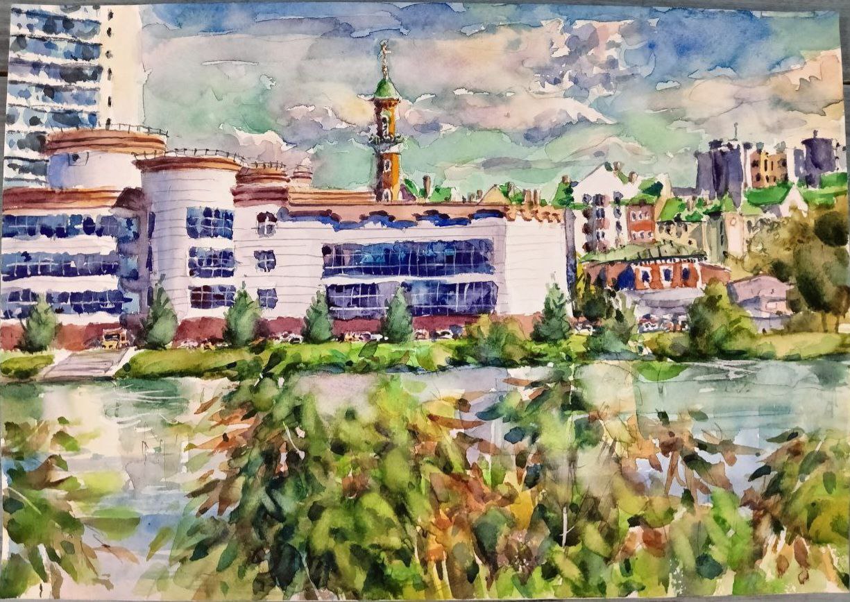 Картина «Вид на мечеть Закабаннью с ул.Марджани»,2016 г, худ. Флегонтов А.С,акварель,бумага,  21х30 см